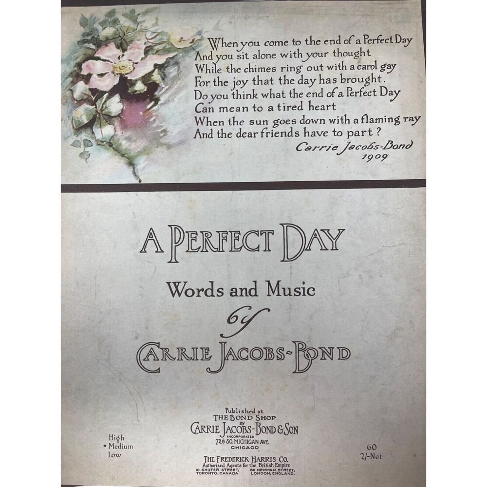 1910 A Perfect Day Sheet Music Carrie Jacobs‎ Bond